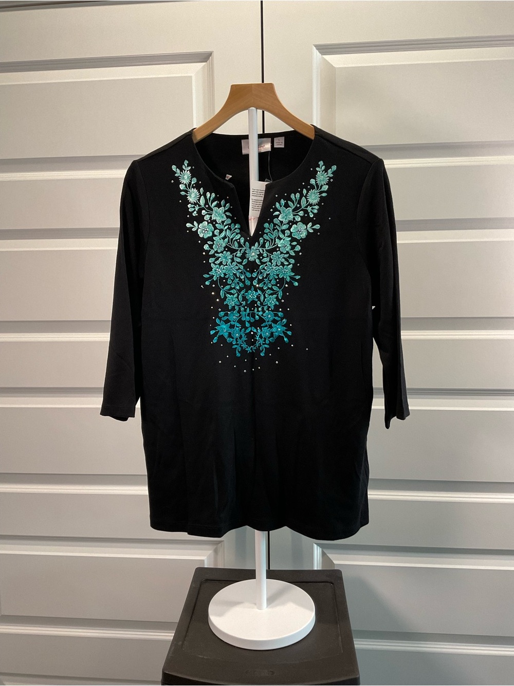 Quacker Factory Black Long Sleeve Tee with Teal Floral Embroidery